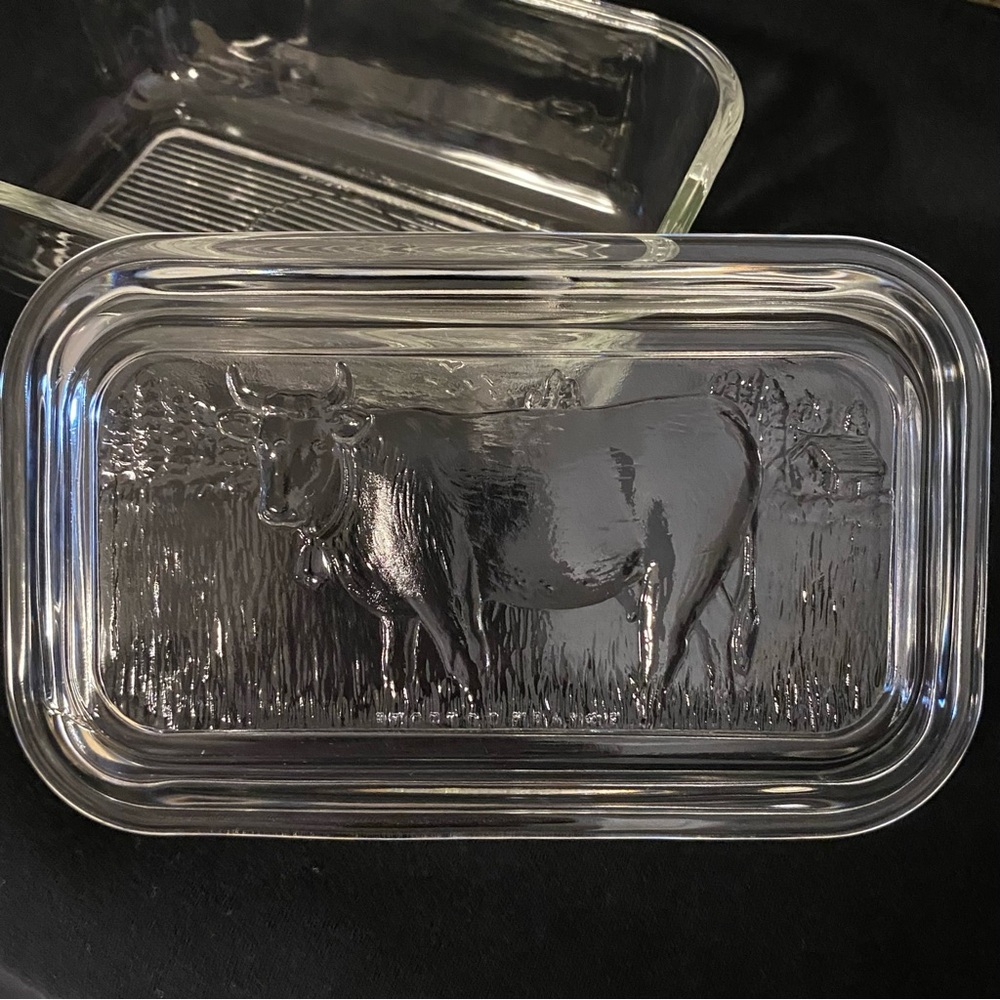French Vintage Glass Arcoroc Butter Dish with Embossed Cow
